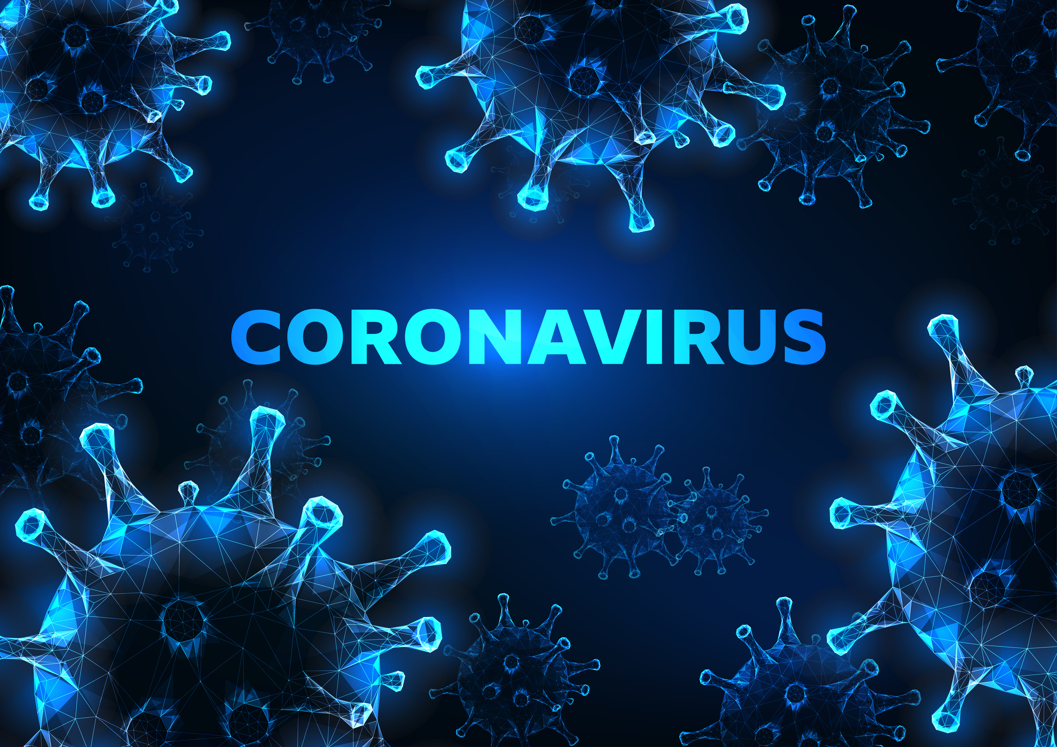 Futuristic coronavirus cells abstract background with glowing low polygonal virus cells and text on dark blue background. Immunology, virology, epidemiology concept. Vector illustration.